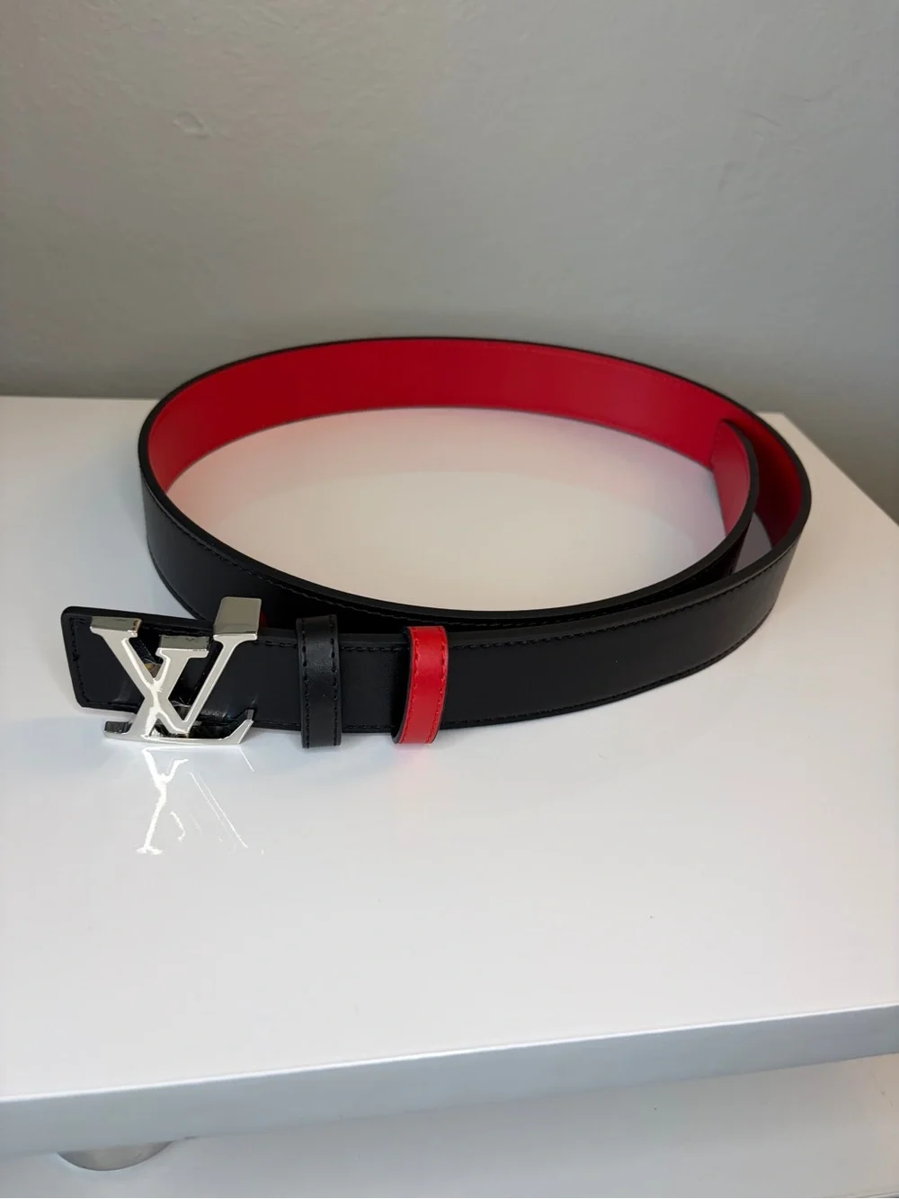 Mens Black and Red Original Genuine Leather Belt Fits Waist 34-36